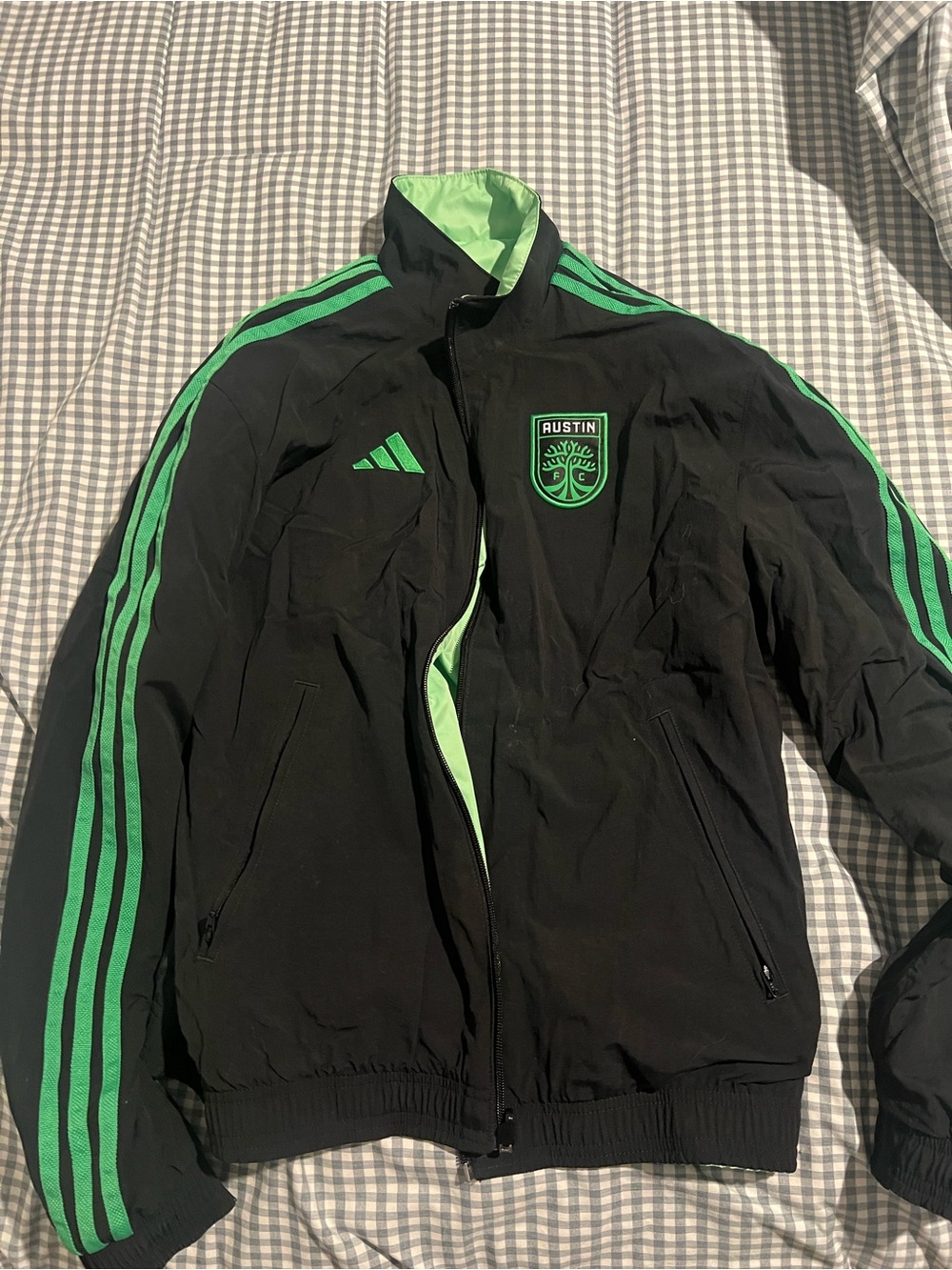 Official Austin FC adidas Black Jacket with Bright Green Accents - Austin Crest